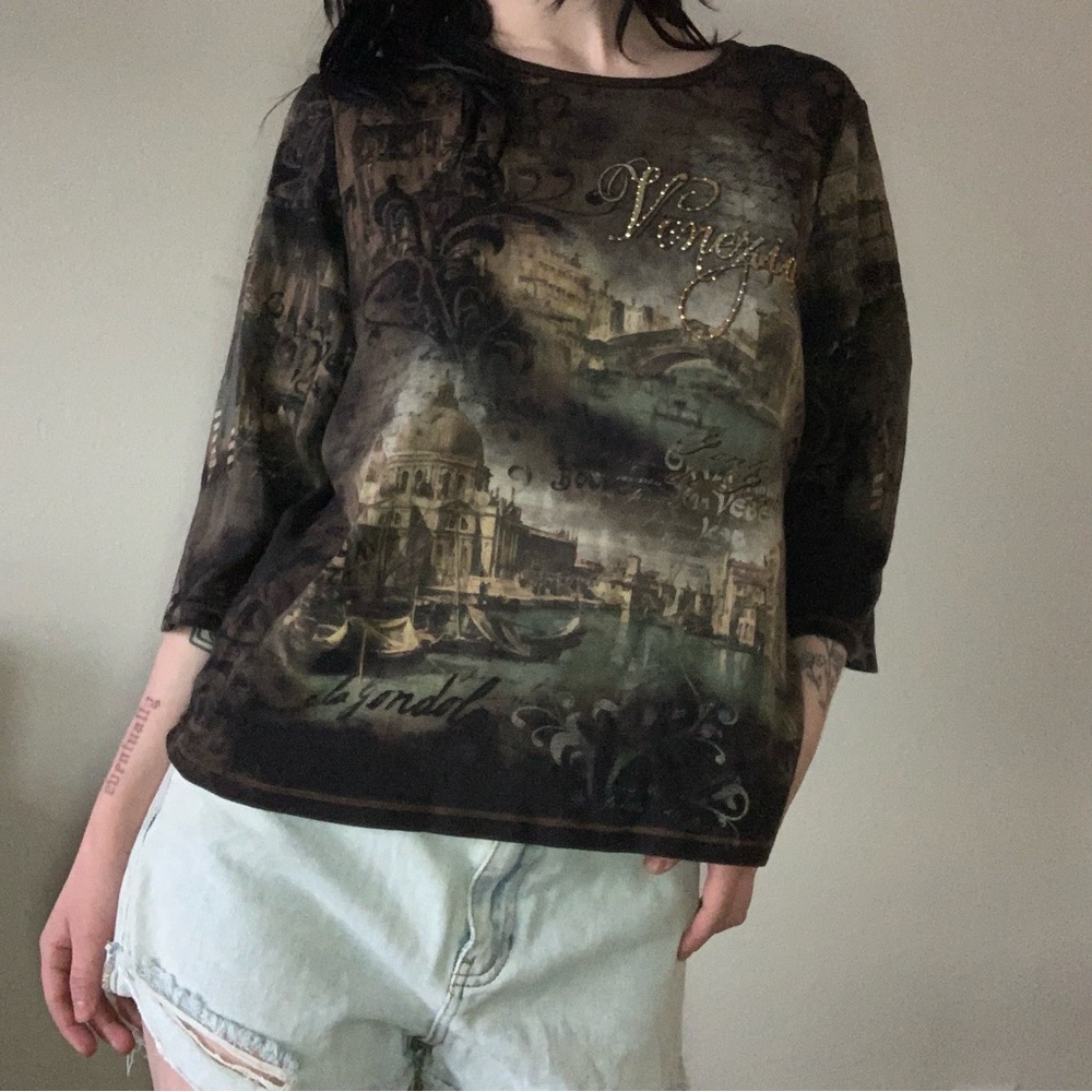 y2k blue canyon 3/4 sleeve top